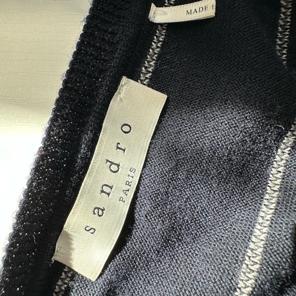 WOMENS SANDRO Paris. Merino Wool . BLUE/WHITE V-BACK LONG SLEEVE KNIT TOP SZ M - Picture 6 of 9